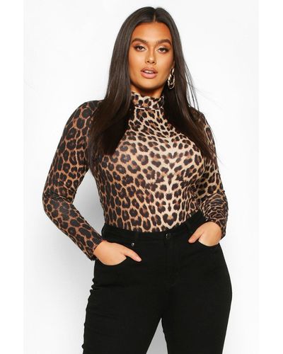 Boohoo Plus Leopard High Neck Long Sleeve Bodysuit - Black