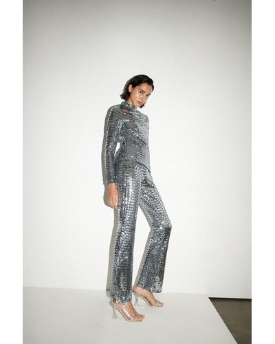 Warehouse Petite Rectangle Sequin Flare Trousers Coord - Metallic