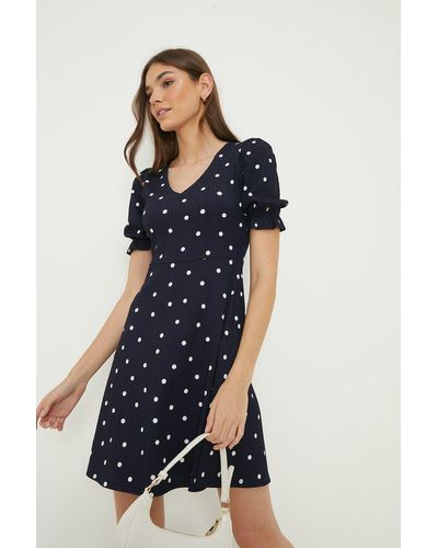 Dorothy Perkins Navy Spot V Neck Short Sleeve Mini Dress - Blue