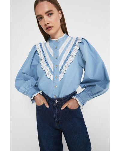 Warehouse Denim Lace And Frill Detail Shirt - Blue