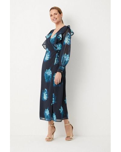 Wallis Teal Blurred Floral Ruffle Neck Wrap Midi Dress - Blue