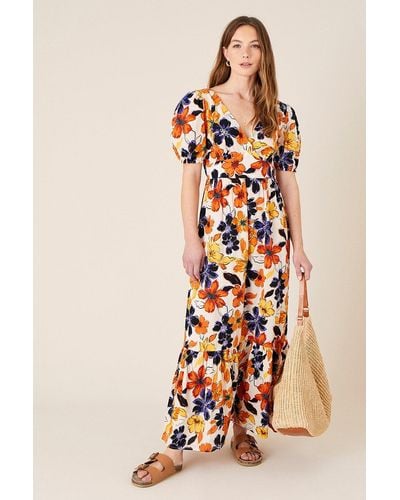 Monsoon Floral Maxi Dress In Pure Cotton - Orange