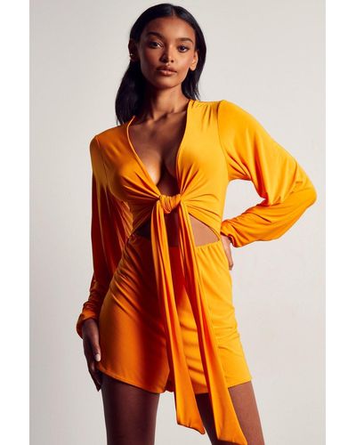 MissPap Double Layer Slinky Tie Front Playsuit - Orange