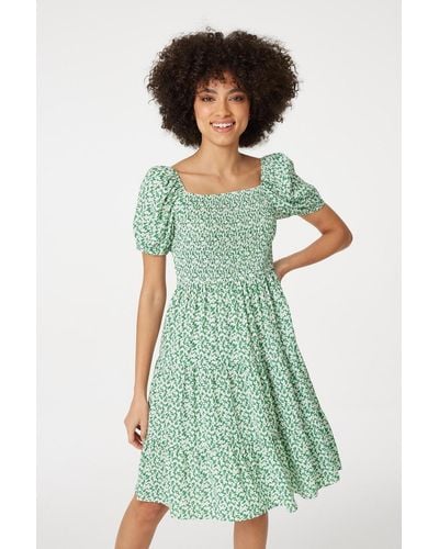 Izabel London Ditsy Puff Sleeve Smocked Dress - Green