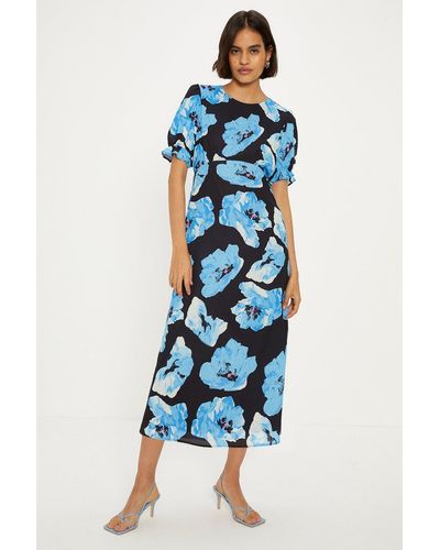 Oasis Petite Short Sleeve Printed Midi Tea Dress - Blue