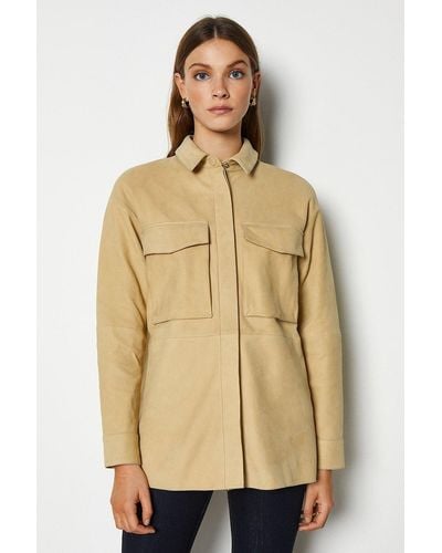 Karen Millen Premium Buffed Leather Military Oversized Shirt - Natural
