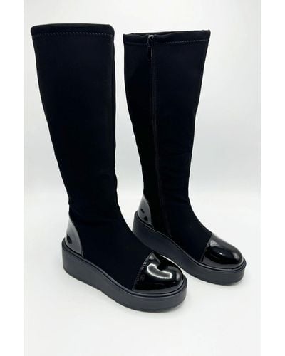 Miss Diva Kroo Patent Detail Chunky Sole Knee High Boots - Blue