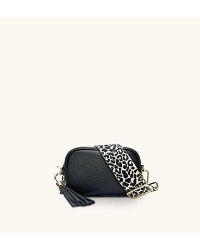Apatchy London The Mini Tassel Black Leather Phone Bag With Apricot Cheetah Strap