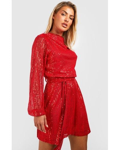 Boohoo Sequin Cowl Neck Belted Skater Party Dress - Red