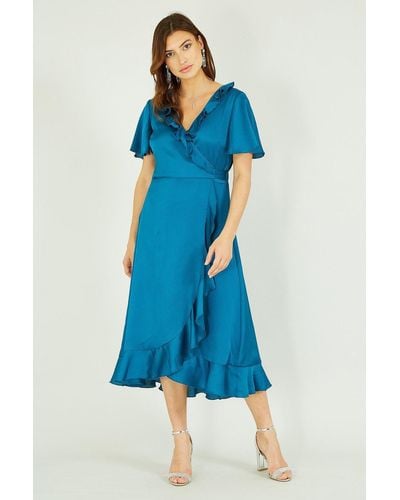 Yumi' Teal Satin Wrap Midi Dress - Blue