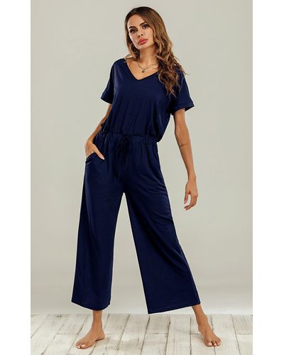 FS Collection Navy Loose Jumpsuit With Short Sleeve - Blue