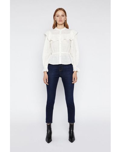 Warehouse Textured Frill Front Blouse - Blue