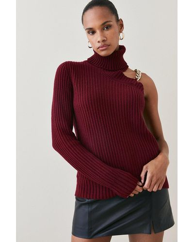 Karen Millen Asymmetric Mid Gauge Cashmere Wool Jumper - Red