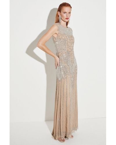 Karen Millen Crystal Embellished Halter Maxi Dress - Natural