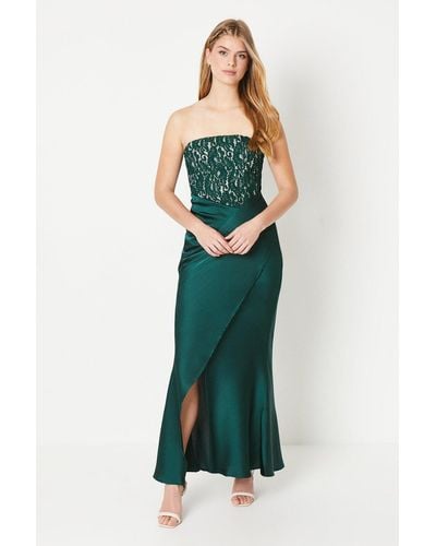 Debut London Corset Lace Bodice Satin Drape Skirt Prom Dress - Green
