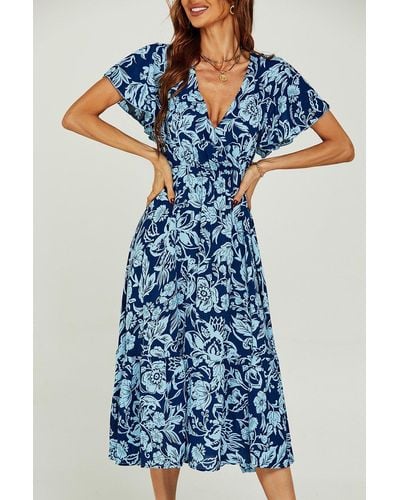 FS Collection Pretty Floral Print Wrap Midi Dress In Blue