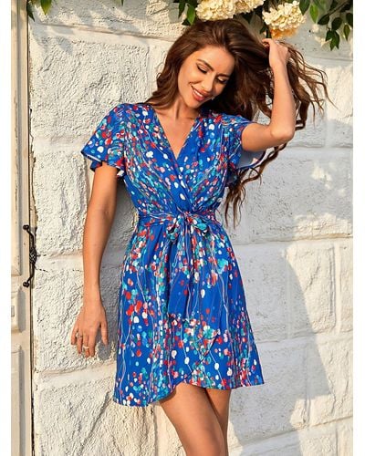 FS Collection Abstract Floral Print Wrap Top Mini Dress In Blue