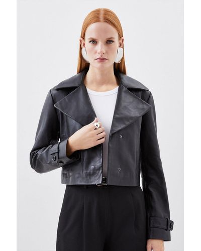Karen Millen Leather Crop Trench Jacket - Black