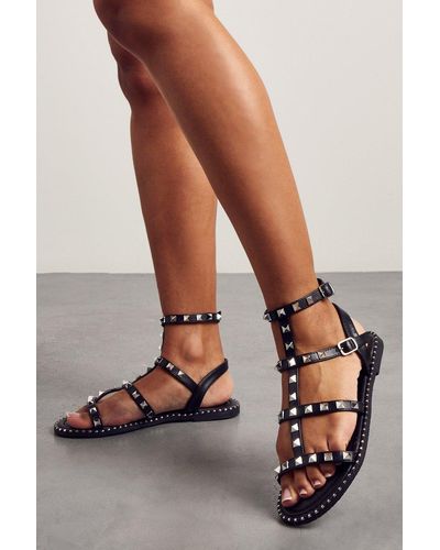 MissPap Studded Strappy Sandals - Brown