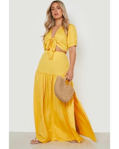 Boohoo Plus Tie Front Top & Tiered Maxi Skirt Co Ord - Yellow