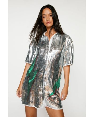 Nasty Gal Silver Lightning Sequin Shirt Dress - Metallic