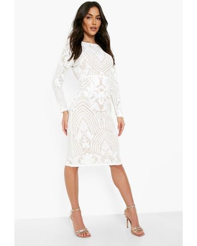 Boohoo Damask Sequin Cowl Back Midi Party Dress - White