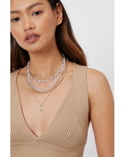 Nasty Gal Layered Two Tone Padlock Chain Necklace - Natural