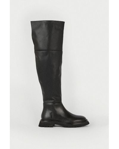 Warehouse Premium Thigh High Leather Boot - Black