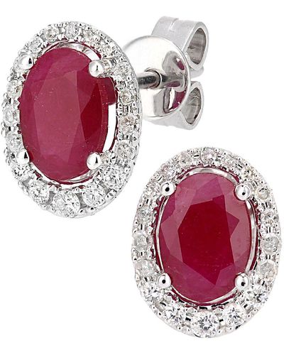 Jewelco London 9ct White Gold Diamond Oval 1.9ct Ruby Cluster Drop Earrings - De1axl603wru - Red