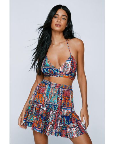 Nasty Gal Rayon Crepe Paisley Tassel Bralette And Skirt Set - Multicolour