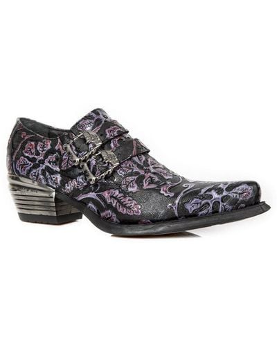 New Rock Vintage Purple Floral Leather Buckle Shoes-7960-s8 - Black