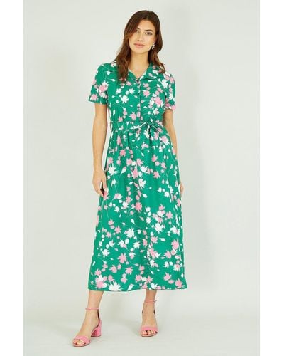 Yumi' Green Floral Print Midi Shirt Dress