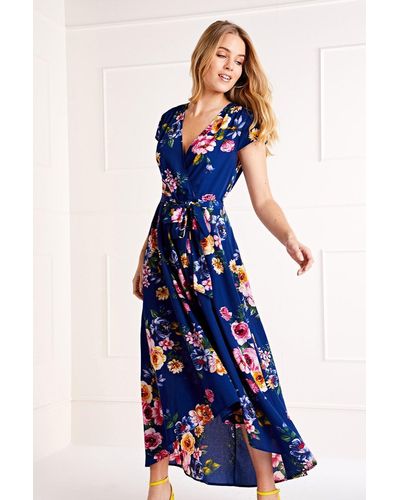 Mela Navy Front Wrap Floral Dress - Blue