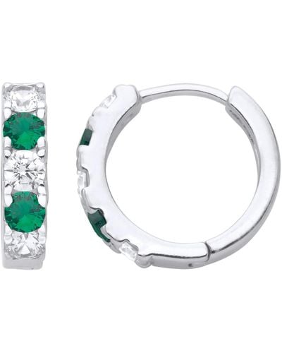Jewelco London Silver Emerald-green Cz Alternating Eternity Huggie Hoop Earrings - Gve389we - Metallic