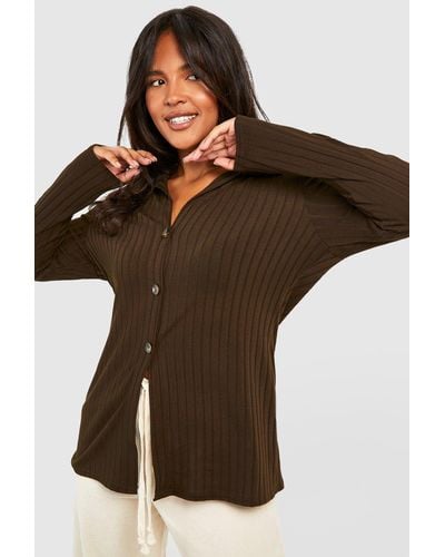 Boohoo Plus Knitted Rib Button Front Collared Cardigan - Brown