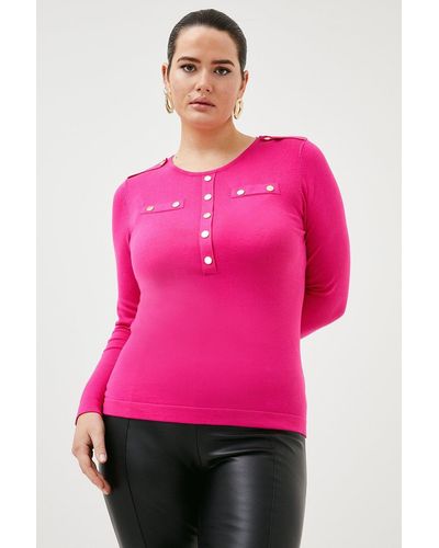 Karen Millen Plus Size Viscose Blend Military Trim Knit Jumper - Pink