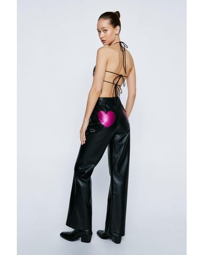 Nasty Gal Petite Faux Leather Heart Bum Flare Trousers - White