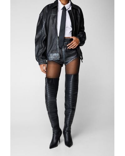 Nasty Gal Faux Leather Padded Motocross Thigh High Boots - Black