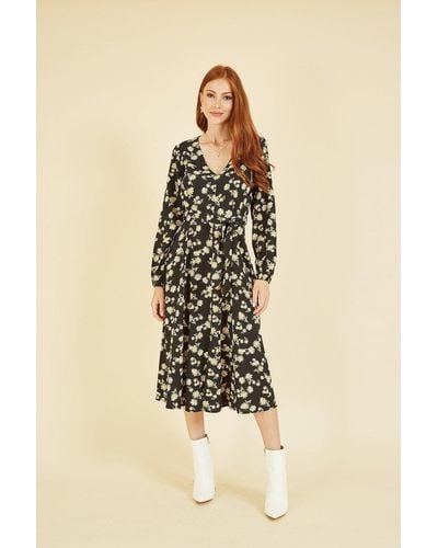 Mela Black Daisy Print Midi Dress With Long Sleeves - Natural