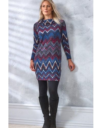 Klass Printed Cowl Neck Knitted Tunic Dress - Blue