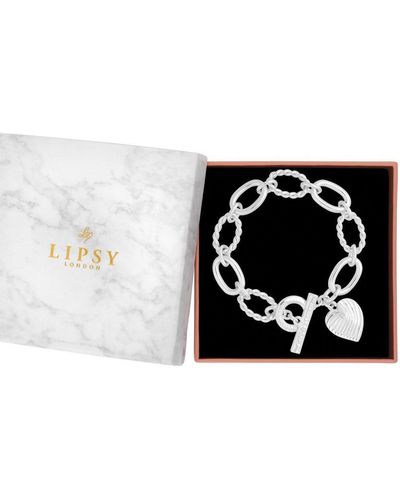 Lipsy Silver Plated Textured Heart Charm T Bar Bracelet - Gift Boxed - Black