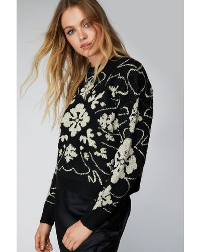 Nasty Gal Relaxed Floral Metallic Flecked Knit Jumper - Black