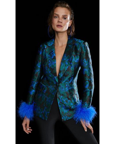 Karen Millen Jacquard Feather Cuff Single Breasted Blazer - Blue