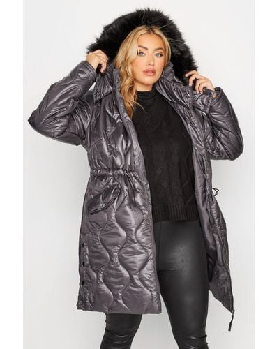 Yours High Shine Quilted Puffer Coat - Black