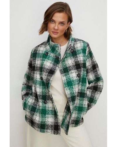 Oasis Check Collared Top Stitch Detail Short Coat - Green