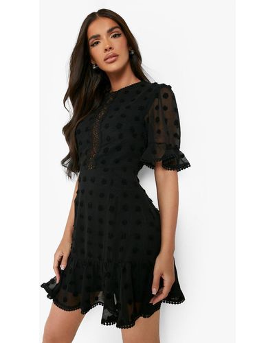 Boohoo Dobby Cut Out Back Ruffle Hem Mini Dress - Black