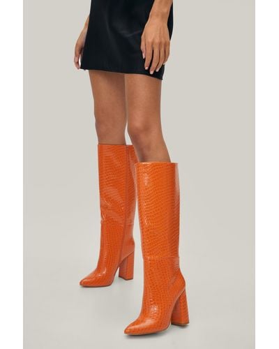 Nasty Gal Faux Leather Croc Embossed Knee High Boots - Orange