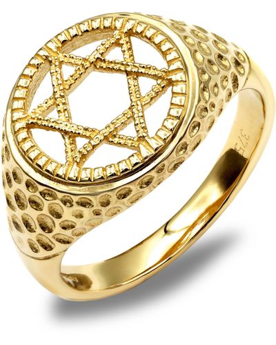 Jewelco London Solid 9ct Yellow Gold Hammered Magen Star Of David Ring - Metallic