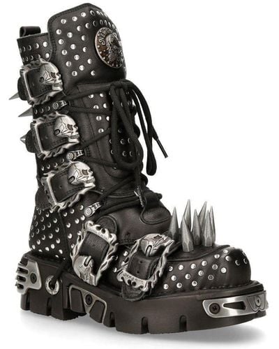 New Rock Leather Studded Gothic Boots-1535-s1 - Black