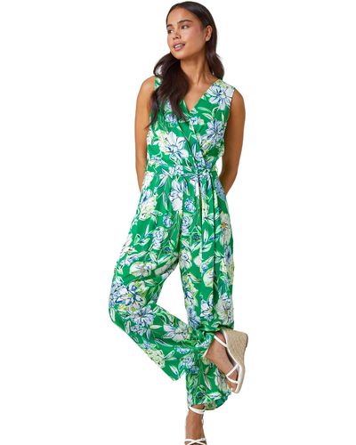 Roman Petite Floral Stretch Wrap Jumpsuit - Green